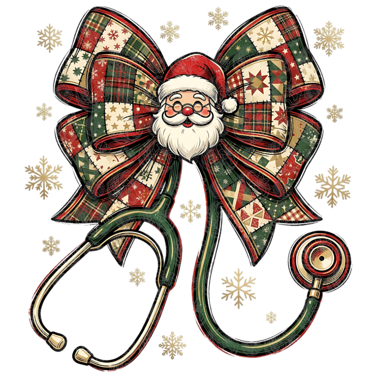 Christmas stethoscope wrapped as a patchwork bow with Santa Claus face and snowflakes, Grey Barn Handwerk, Saskatchewan.